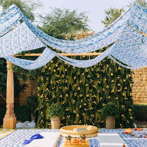 “Bright Yellow, timeless blue pottery.” • • • •Book Now• • • • #kamarievents #wedding #luxury #engagement #foryou #haldi #short #mehndidecor #mehndi #pinterest #inspiration #yellow #bluepottery Indian Wedding Blue Decor, Blue And Yellow Haldi Decor, Pottery Book, Light Blue Decor, Haldi Decor, Mehendi Decor, Mehndi Decor, Eye Decor, Yellow Theme