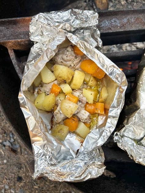 Campfire Chicken and Potato Foil Packets - Camp.Grill.Eat. Tin Foil Dinners Camping, Potato Foil Packets, Campfire Chicken, Easy Camping Dinners, Chicken Foil Packs, Grilled Beets, Camp Grill, Tin Foil Dinners, Foil Packet Potatoes