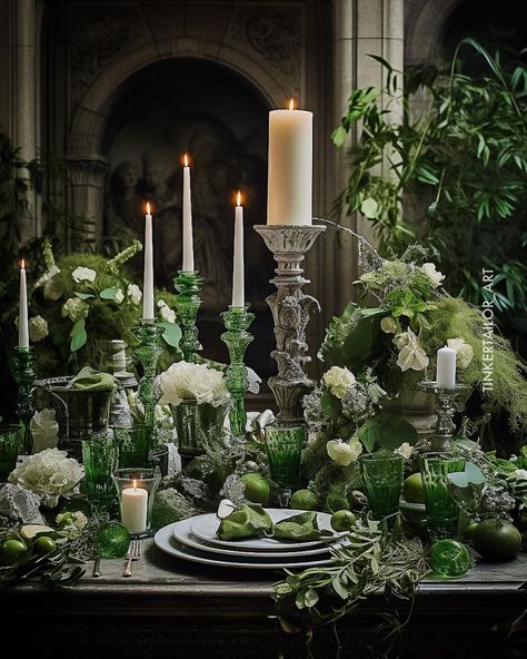 Long Centerpieces, Long Table Centerpieces, Green Wedding Decorations, Winter Tablescapes, Luxury Green, S Table, Green Glassware, Flower Installation, Reception Dinner