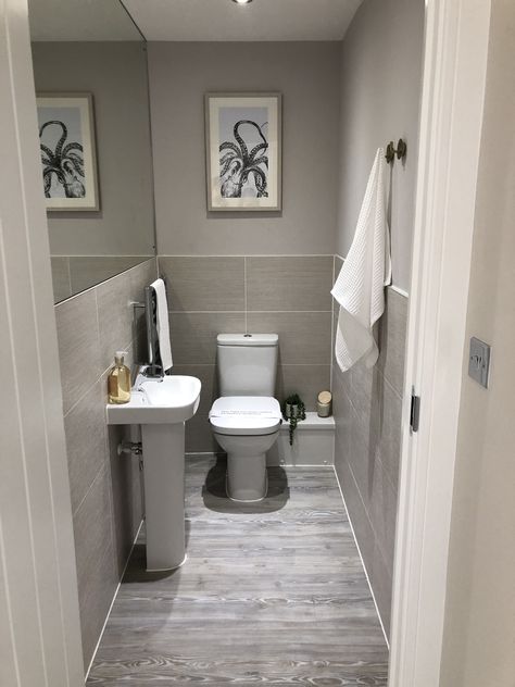 Small Grey Toilet Ideas, Cloakroom Toilet Tiles, Modern Downstairs Toilet Ideas, Tiled Cloakroom Toilet, Downstairs Toilet Tiling Ideas, Downstairs Toilet Tiles, Grey Toilet Ideas, Small Guest Toilet Ideas, Single Toilet Room Ideas