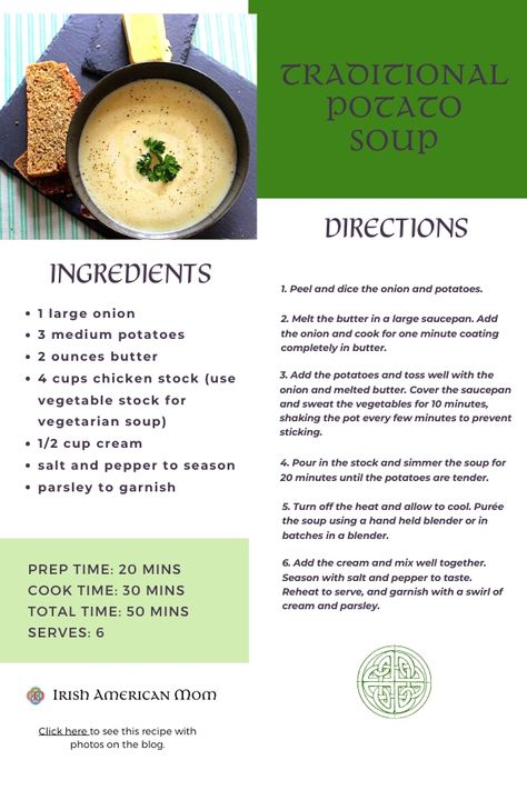 A recipe card with a bowl of soup and text Irish Soup, Irish Potato Soup, Irish Kitchen, Irish Drinks, Irish Cooking, Irish Recipes Traditional, Irish Dishes, Irish Potatoes, Printable Recipe Cards