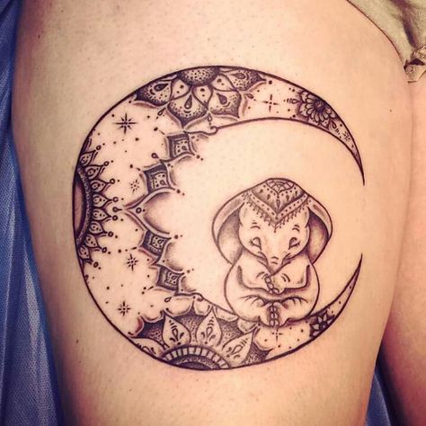 Boho moon & elephant tattoo Elephant Tattoo Meaning, Elephant Tattoo Design, Tato Lengan, Piercings Unique, Elephant Tattoo, Elephant Tattoos, Disney Tattoos, Skull Tattoos, Meaningful Tattoos