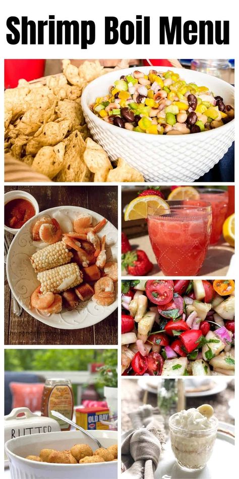 Are you hosting or going to a low country boil? These delicious recipes pair perfectly with the savory shrimp, sausage, corn & potatoes! We've got ideas for everything from a cookout appetizer to a refreshing summer cocktail, summer potluck side dishes, and a classic southern dessert. Find out everything you need to host a shrimp or crawfish boil including how long everything gets cooked and all the equipment you'll need. Follow us and subscribe for more entertaining ideas and inspiration. Low Country Boil For A Crowd, Sides For A Low Country Boil, Low Country Shrimp Boil Recipe, Seafood Cookout Ideas, Crab Boil Appetizers, Low Country Boil Side Dishes, Seafood Boil Menu Ideas, Crawfish Boil Appetizers, Seafood Boil Party Appetizers