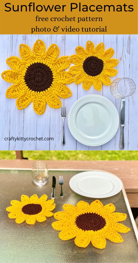 Sun Flower Crochet Pattern Free, Sunflower Placemats, Placemats Crochet, Crocheted Sunflower, Minion Crochet Patterns, Crochet Sun, Crochet Placemat Patterns, Crochet Placemats, Heart Flowers