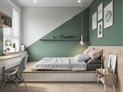 Idea Bilik Tidur, Reka Bentuk Bilik Tidur, Half Painted Walls, Hiasan Bilik Tidur, Bedroom Wall Designs, Bedroom Wall Paint, Small Apartment Living Room, Yellow Decor, Green Walls