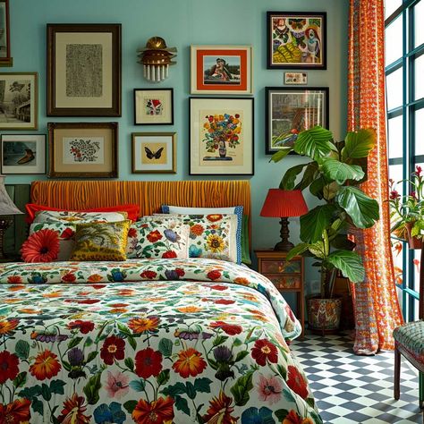 Small Artist Bedroom, Guest Bedroom Ideas Eclectic, Mid Century Bedroom Ideas Eclectic, Quirky Traditional Decor, Ecletic Decoration Bedroom, Kitsch Interior Design, Quirky Bedroom Decor, Bedroom Inspirations Maximalist, Simple Eclectic Home