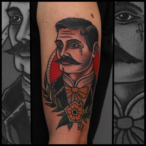 http://web.stagram.com/n/tony_tox/ Gentleman Traditional Tattoo, Cameo Tattoo Traditional, Cowboy Portrait Tattoo, Cowboy American Traditional Tattoo, Traditional Portrait Tattoo, Cameo Tattoo, Gentleman Tattoo, Traditional Tattoo Man, Traditional Black Tattoo