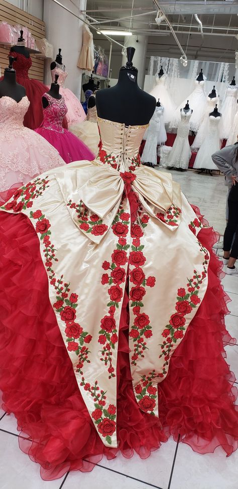 Red Rose Theme Quinceanera Dress, Mariachi Dress Quinceanera, White Red Quinceanera Dress, Red Roses Quinceanera Dresses, Mexican Dresses Traditional Quince, Rancho Quinceanera Dresses, Charro Theme Quinceanera Dress, Quince Dresses Ranchera, Mexico Quinceanera Dresses