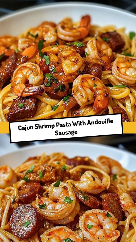 Savor the bold flavors of Cajun shrimp, spicy Andouille sausage, and creamy Parmesan sauce in this irresistible pasta dish.  Ingredients:  12 oz penne or fettuccine pasta 1 lb large shrimp, peeled and deveined 8 oz Andouille sausage, sliced 1 cup heavy cream Creamy, spicy, and loaded with succulent shrimp and savory sausage, this Cajun pasta dish delivers a satisfying kick with every bite! Cajun Shrimp And Sausage Fettuccine, Dinners With Andouille Sausage, Shrimp And Andouille Sausage Pasta, Easy Shrimp And Sausage Recipes, Recipes Using Andouille Sausage, Cajun Shrimp Pasta Alfredo, Sausage And Shrimp Pasta, Andoullie Sausage, Shrimp And Sausage Recipes