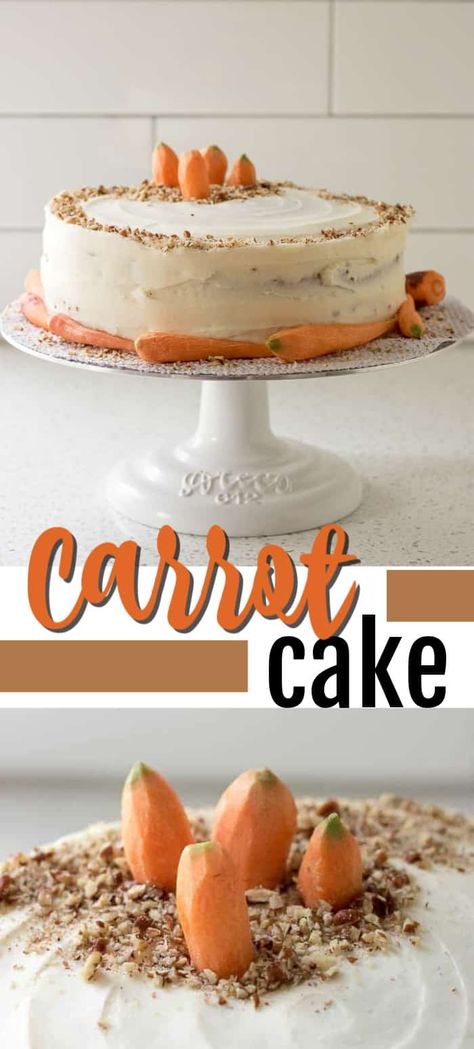 This 2-tiered carrot cake has cinnamon, vanilla, and finely shredded carrots, topped with smooth and sweet homemade cream cheese frosting. #carrotcake #easter #easterdessert #easterrecipes #cake #cakerecipes #creamcheesefrosting Two Tier Carrot Cake, Easter Desserts Ideas, October Meals, Homemade Cream Cheese Frosting, Homemade Cream Cheese, Carrot Cake With Cream Cheese, Buckwheat Cake, Desserts Ideas, Shredded Carrots