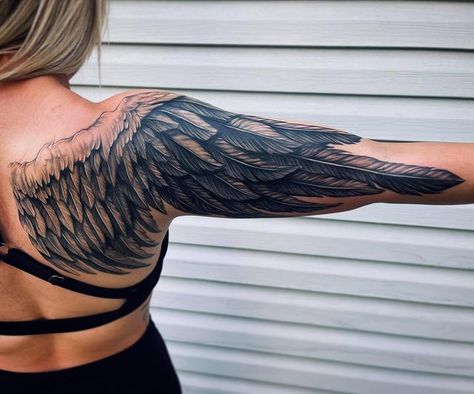 Angel Wing Tattoo Shoulder Women, Angel Wings Tattoo Shoulder, Wing Tattoo On Shoulder, Vampire Ideas, Angel Wing Tattoos, Wings Tattoo Meaning, Angel Wings Tattoo On Back, Angel Wing Tattoo, Wing Tattoos On Back