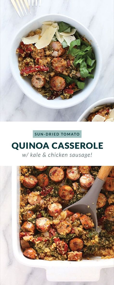 Italian Chicken Sausage Quinoa Casserole - Fit Foodie Finds Italian Sausage And Quinoa Recipes, Quinoa Sausage Recipes, Recipes Using Chicken Sausage, Healthy Chicken Sausage Recipes, Italian Chicken Sausage Recipes, Chicken Sausage Dinner Ideas, Popular Casserole Recipes, Chicken Sausage Salad, Chicken Sausage Dinner