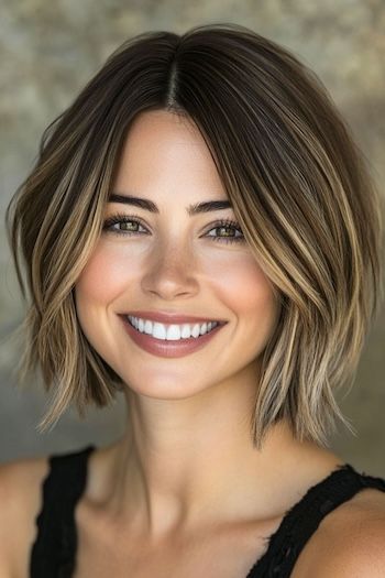 Save this pin for the best blunt bob haircuts. If you want a hairstyle that's edgy and flattering, this choppy bob is for you. The blunt ends create a bold shape, while choppy layers add movement. Brunette Inverted Bob, Short Hairstyle Women Thick Hair 2024, Mum Bob, Angles Bob, Bob Face Framing Layers, Neck Length Haircut, Asymmetrical Bob Medium, Short Bob Brown Hair, Choppy Long Bob