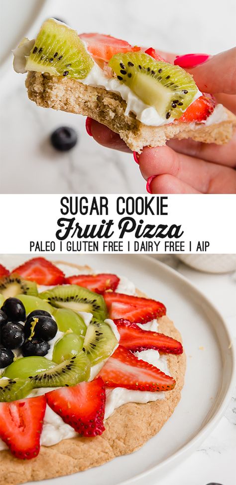 Paleo Fruit Pizza, Aip Pizza Recipes, Aip Fruit, Aip Pizza, Sugar Cookie Fruit Pizza, Cookie Fruit Pizza, Aip Sweets, Pizza Halloween, Pizza Gluten Free