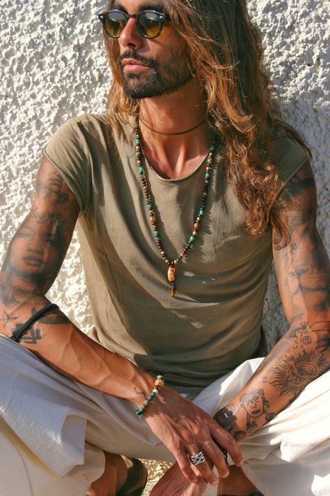 Green Brown Long Necklace Man Tibetan Necklace Men | Etsy Australia Beaded Agate Necklace, Peaceful View, Men Choker, Necklace Man, Street Style Magazine, Bohemian Style Men, Bright Necklace, Man Necklace, Tibetan Necklace