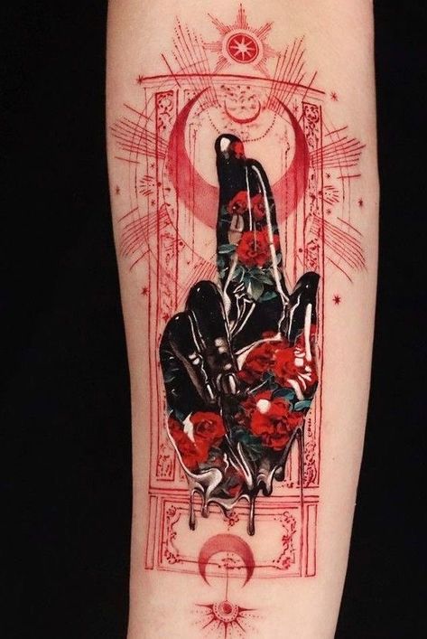 Cool Detailed Tattoos, Adding To Tattoo Ideas, Tattoo Ideas Alt, Unique Tattoo Designs Creative, Dope Tattoos Creative, Dark Feminine Tattoos, Gotik Tattoo, Unique Half Sleeve Tattoos, Tarot Tattoo