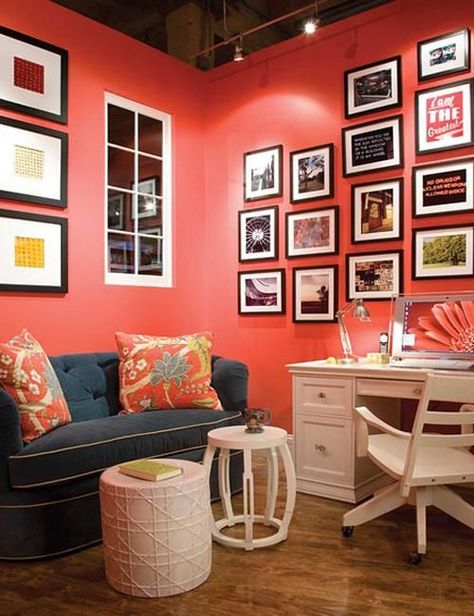 Modern Coral Color in Interior Design and Decorating, Matching Room Colors  Interiors and Interior Design for Kate Beavis #interiors #interiordesign #interiorodes #interiorinspiration #roominsperation #home #styling #decor Coral Accent Walls, Coral Living Rooms, Coral Room, Coral Walls, Suite Life, Pink Living Room, Living Coral, Loft Living, Craft Room Office