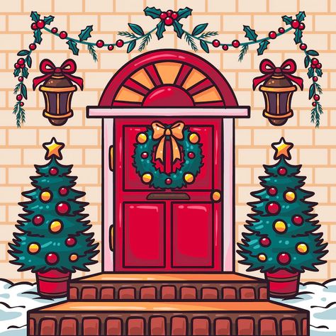 Christmas Door Drawing, Christmas Door Illustration, Simple Christmas Illustration, Christmas House Drawing, Christmas Entrance Decor, Christmas Drawings Easy, Door Illustration, House Doodle, Xmas Drawing