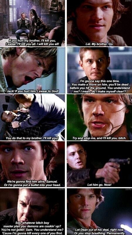 Sam and Dean protecting each other's brother, threats to never hurt them quotes Emmanuelle Vaugier, Supernatural Bloopers, People Are Crazy, Supernatural Tattoo, Sam And Dean, Supernatural Wallpaper, Supernatural Jensen, Supernatural Quotes, Sam And Dean Winchester