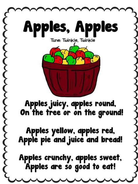 Apples! Apples! Poems For Preschoolers, Apple Poem, Apple Song, Preschool Poems, September Month, Autumn Apples, Preschool Apple Theme, September Preschool, Apple Lessons