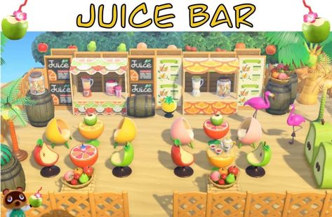 Animal Crossing Fruit Furniture, Acnh Juice Stall, How To Get Different Fruit Animal Crossing, Acnh Orange Design Code, Animal Crossing Smoothie Bar, Juice Bar Animal Crossing, Animal Crossing Boba Stand, Acnh Snack Area, Animal Crossing Bistro Ideas