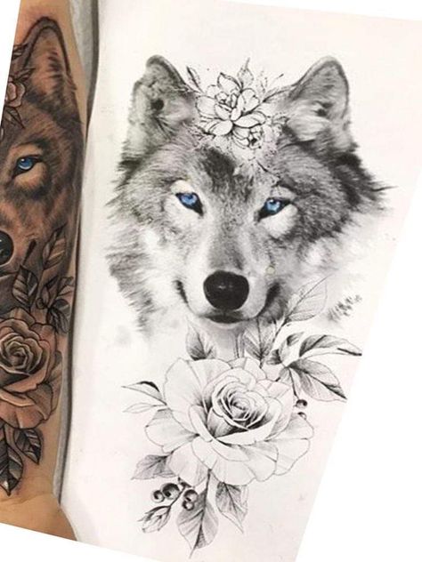 Grey Wolf Tattoo For Women, Wolf Shoulder Tattoos For Women, Wolf Thigh Tattoo For Women, Wolf Sleeve Tattoo Women, Floral Wolf Tattoo, Wolf Tattoo Thigh, Wolf Rose Tattoo, Wolf Thigh Tattoo, Feminine Wolf Tattoo Design