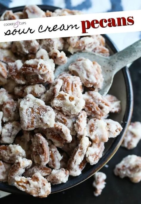 Sour Cream Candied Pecans are a creamy, sweet version of a pecan praline! These easy glazed pecans are done in minutes and will quickly become your new favorite snack! #cookiesandcups #candiedpecans #pecanpralines #imperialsugar #partner #sourcream #nuts #snacks Make Sour Cream, Cookies And Cups, Glazed Pecans, Pecan Praline, Walnut Recipes, Cream Candy, Pecan Pralines, Nut Recipes, Homemade Brownies