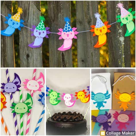 Axolotl Party Kit- Including a multi-colored banner (5.5 ft), a cake topper,  straws, & favor bags.  **All items are made to order if you have any special requests feel free to ask, I will do my best to make accommodations. Axolotl Cake Topper, Axolotl Party Decorations, Axolotl Party Food, Axolotl Birthday Party Decorations, Axolotl Birthday Party Ideas, Axolotl Party Ideas, Axolotl Birthday Party, Biodegradable Balloons, Axolotl Party