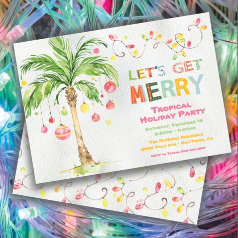 Beach Christmas Party, Tropical Christmas Cards, Ornaments Watercolor, Palm Tree Christmas, Island Party, Cute Christmas Cards, Fun Fonts, Party 2023, Hawaiian Christmas