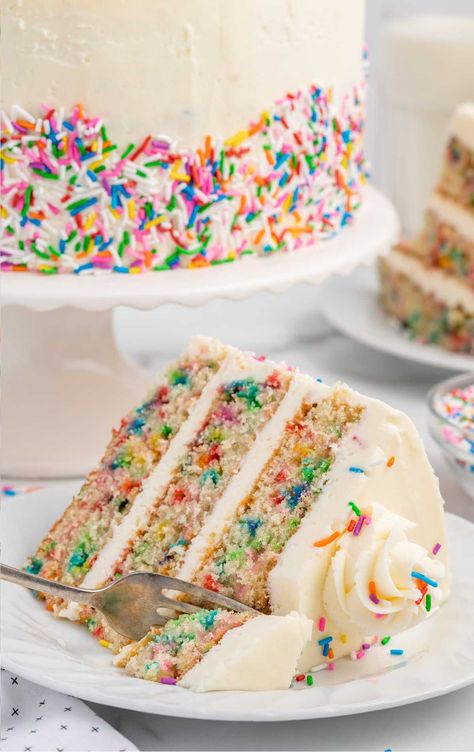 a slice of Funfetti Cake on a plate Homemade Funfetti Cake, Homemade Whipped Cream Recipe, Homemade Hot Fudge, Food Reference, Magnolia Bakery, Recipes With Whipping Cream, Sprinkle Cupcakes, Confetti Cake, Smooth Cake