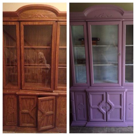 Purple China Cabinet, China Cabinet Makeover Ideas, Apothecary Cabinet Diy, Purple Kitchen Walls, Cabinet Makeover Ideas, Pantry Design Ideas, Painted Pantry, China Cabinet Makeover, Painted China Cabinets