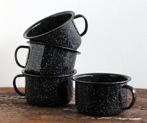 Set of 4 speckled black enamel mugs. In perfect condition, great lightweight mugs to take camping or use daily at home. Dimensions : each mug 4 w $53.20 Bakery Pantry, Kitsch Kitchen, Enamel Cup, Enamel Mugs, Vintage Enamelware, Camping Coffee, Home Bakery, Enamel Mug, Cup Design