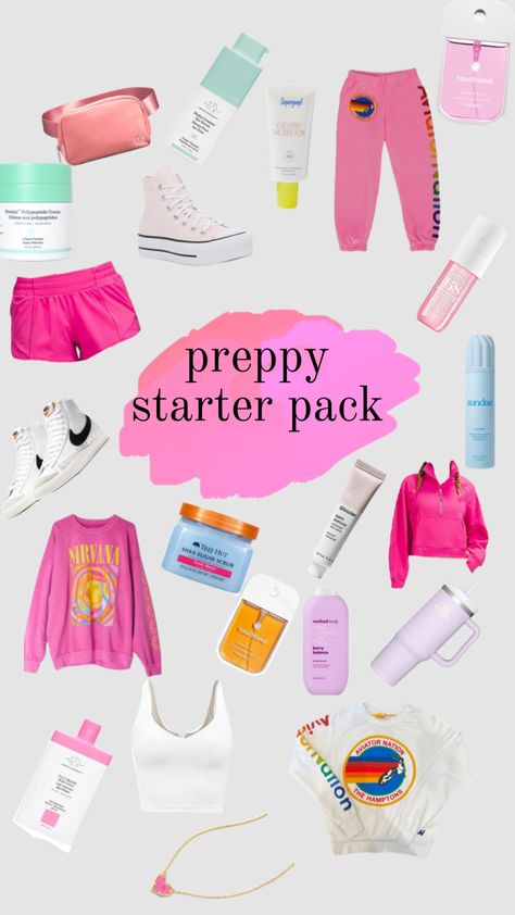 preppy starter pack!#preppystarterpack #preppy #outfitinspo #beauty Preppy Starter Pack, Preppy Hairstyle, Preppy Packing, Preppy Items, Preppy Hair, Preppy Cowgirl, Preppy Hairstyles, Shuffles Preppy, Preppy Inspiration