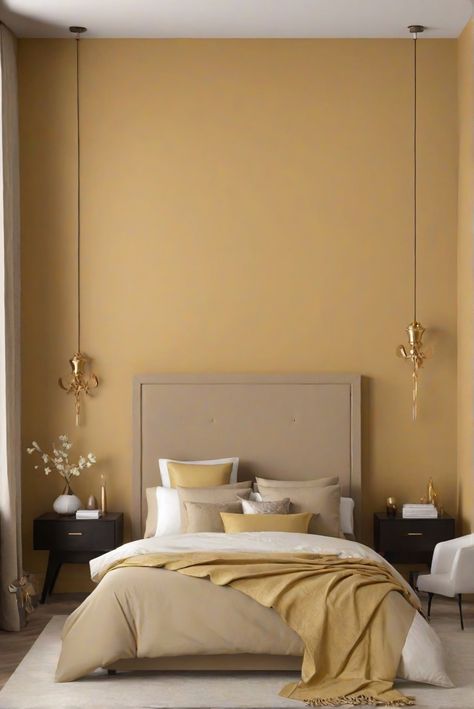 home decor interior design,home interior design,interior design space planning,designer wall paint Golden Rod Paint Color, Stylish Bedroom Design, Golden Wall, Bedroom Wall Paint, Gold Bedroom, Paint Can, Bedroom Paint Colors, Walls Room, Stylish Bedroom