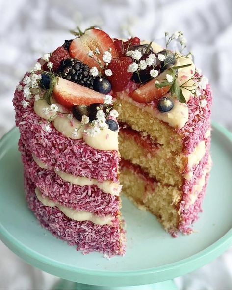 Coconut and Raspberry Cake — Alice Fevronia Coconut And Raspberry Cake, Cream Coconut Cake, Coconut Buttercream, Lemon Mousse, Raspberry Cream, Crunch Cake, Pink Food Coloring, Raspberry Cake, Pink Foods