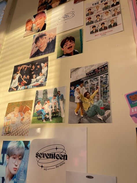 Kpop Wall Decor Ideas, Seventeen Room Decor, Seventeen Wall Decor, Seventeen Prints, Kpop Bedroom Wall, Seventeen Room Decor Kpop, Posters On Wall Bedroom Aesthetic, Kpop Album Aesthetic Seventeen, Megan Core