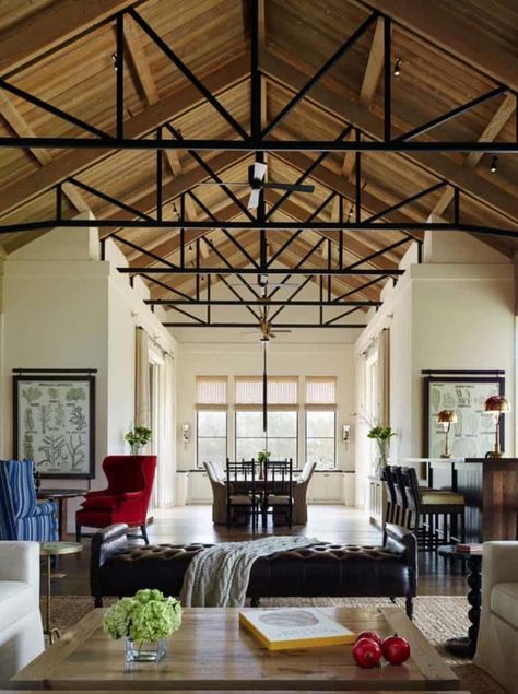 A chic wine country residence boasts amazing entertaining spaces Truss Ceiling, White Walls Living Room, Exposed Trusses, Wood Truss, Exposed Ceilings, Painting Wood Paneling, Minimalist Living Room Decor, Living Room Decor Ideas, Contemporary Farmhouse