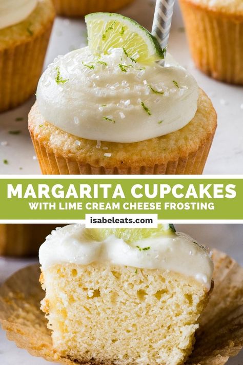 These margarita cupcakes are perfect for your next party! Made with a fluffy and moist cake and topped with lime cream cheese frosting, they’re sure to be a hit! Plus they are super simple and can be made with tequila or alcohol free. Lime Cream Cheese Frosting, Isabel Eats, Margarita Cupcakes, Mexican Desserts, Vegetarian Recipes Dessert, Sweet Foods, Lime Cream, Mexican Dessert Recipes, Healthy Mexican