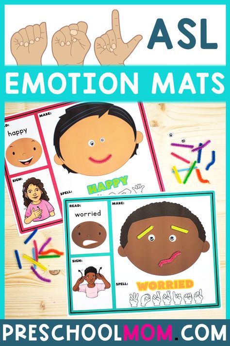 Teach kids how to express their emotions easily with our Emotion Playdough Mats! Includes 14 Emotions & our fun and fabulous sign language worksheets teaching reading, signing, and spelling skills! #preschoolmom #signlanguage #asl #emotions #feelings #specialneeds #languagedelays #playdough Emotion Playdough Mats, Asl Emotions, Sign Language Worksheets, Asl Worksheets, Playdough Printables, Asl Sign Language Words, Sign Language For Kids, Emotion Words, Preschool Mom