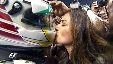 Pucker up: Nicole couldn't even wait for Lewis to take off his helmet before she leaned in for a kiss Lewis Hamilton Wins, Mercedes Lewis, Abu Dhabi Grand Prix, One Championship, Dirty Air, Dianna Agron, Nicole Scherzinger, Tears Of Joy, Lewis Hamilton