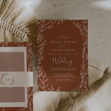 Minimal Leaf | Terracotta Wedding Invitation Wedding Invitations Fall, Fall Desert, Whimsical Minimalist, Terracotta Wedding Invitation, Minimalist Leaves, Bohemian Autumn, Rustic Wedding Stationery, Wedding Menus Design, Boho Wedding Invitation Template