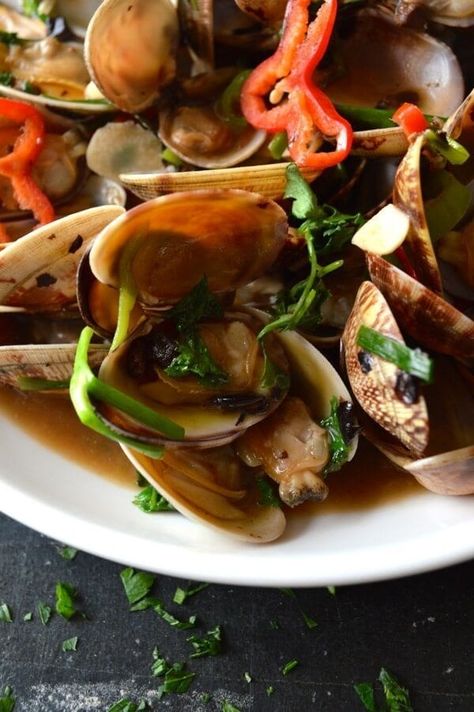 Stir-Fried Clams in Black Bean Sauce Chinese Clams Recipe, Hmong Dishes, Black Bean Recipe, Black Bean Sauce Recipe, Fresh Clams, Asian Seafood, Fried Clams, Recipe Salmon, Chinese Stir Fry