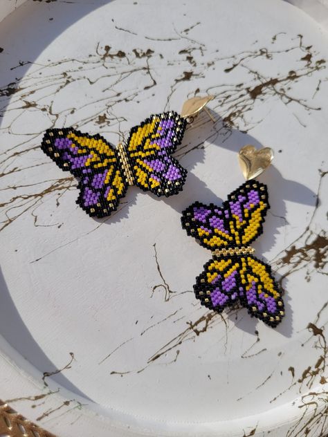 Purple Butterfly Miyuki Delica Beaded Earrings - Handcrafted Nature-Inspired Jewelry Butterfly Beaded Earrings, Delica Beaded Earrings, Purple Beaded Earrings, Vibrant Purple, Nature Inspired Jewelry, Miyuki Beads, Metal Accessories, Delica Beads, Earring Crafts