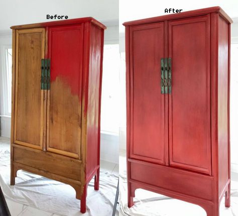 I painted my old Asian bamboo cupboard with Annie Sloan Chalk paint, and used clear and dark wax. Loved how it turned out. Red Wardrobe Furniture, Bamboo Cupboard, Armoire Painted, Cupboard Makeover, Red Painted Furniture, Small Room Diy, Chinoiserie Furniture, Asian Inspired Decor, Painted Wardrobe