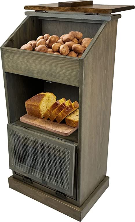 Peaceful Classics Potato Storage Wood Box, Wooden Bread Storage Bins, Decorative Potato and Onion Storage Bin, Potato Bin w/Grocery Section, Wooden Vegetable Storage w/Lid for Kitchen Pantry, Pewter Potato And Onion Storage, Vegetable Storage Bin, Rustic Storage Cabinets, Potato Bin, Onion Storage, Wooden Bread Box, Potato Storage, Pantry Storage Cabinet, Wooden Storage Cabinet