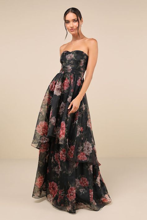 Lovely and luxurious, the Lulus Truly Extraordinary Black Floral Organza Strapless Maxi Dress will make sure you waltz through the night in pure perfection! An ultra-romantic floral print adorns airy woven organza as it shapes this stunning gown with a strapless, princess-seamed bodice (with hidden no-slip strips and supportive side boning) and a flirty sweetheart neckline. The fitted waist tops a flowy, tiered A-line skirt that cascades down to a sweeping maxi hem. Hidden back zipper/clasp. Floral Bridesmaids, Floral Print Prom Dress, Sweetheart Strapless Dress, Black Floral Print Dress, Printed Prom Dresses, Black Floral Maxi Dress, Social Dresses, Black Floral Dress, Formal Dress Shops