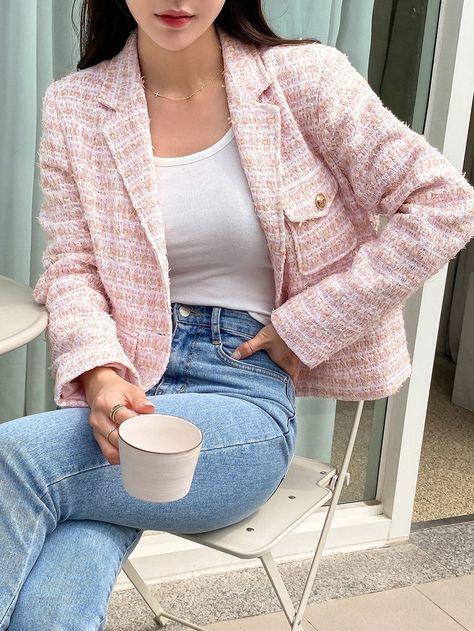 Pink Elegant Collar Long Sleeve Fabric Plaid Other Embellished Non-Stretch  Women Outerwear Pink Tweed Blazer Outfit, Pink Jacket Outfit, Plaid Blazer Outfit, Tweed Jacket Outfit, Chanel Rose, Pink Tweed Jacket, Chanel Style Jacket, Mode Rose, Jacket Outfit Women