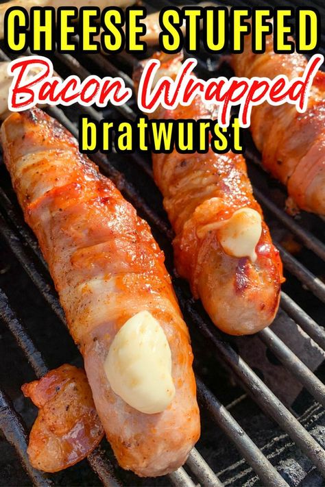 Cheese Stuffed Bratwurst, Bacon Wrapped Brats Grill, Smoked Bacon Wrapped Brats, Bacon Wrapped Brats In Air Fryer, Bacon Wrapped Brats In Oven, Smoked Brats Pellet Grill, Stuffed Bratwurst, Stuffed Sausage Recipes, Bratwurst Recipes Grilled