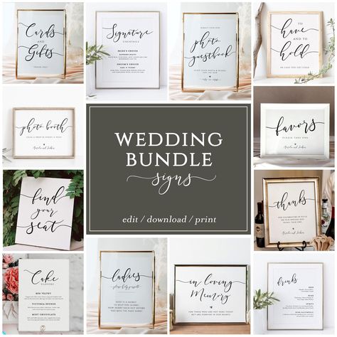 Our elegant wedding reception sign bundle includes 24 editable sign templates. They are the perfect sign package to use for your wedding reception as they offer a minimalist elegant aesthetic and can easily match with most wedding decors. ----------------- DEMO LINK ----------------- TRY BEFORE YOU BUY Copy and paste this url into your web browser: https://templett.com/design/demo/sofia/2435998,2436087,2437309,2437573,2806293,2697572,2867584,2481203,2481205,2442915,2442981,2442986,2442996,248127 Signs For Wedding Reception, Wedding Signs For Reception, Modern Wedding Signage, Wedding Signage Template, Find Your Seat Sign, Wedding Table Signs, Wedding Decors, Photo Booth Sign, Reception Sign