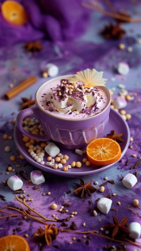 Coffee Purple Aesthetic, Fall Coffee Aesthetic, Purple Coffee, Pretty Tea Cups, Tea And Books, Hot Apple Cider, Easiest Apples, Christmas Drinks, Chocolate Coffee